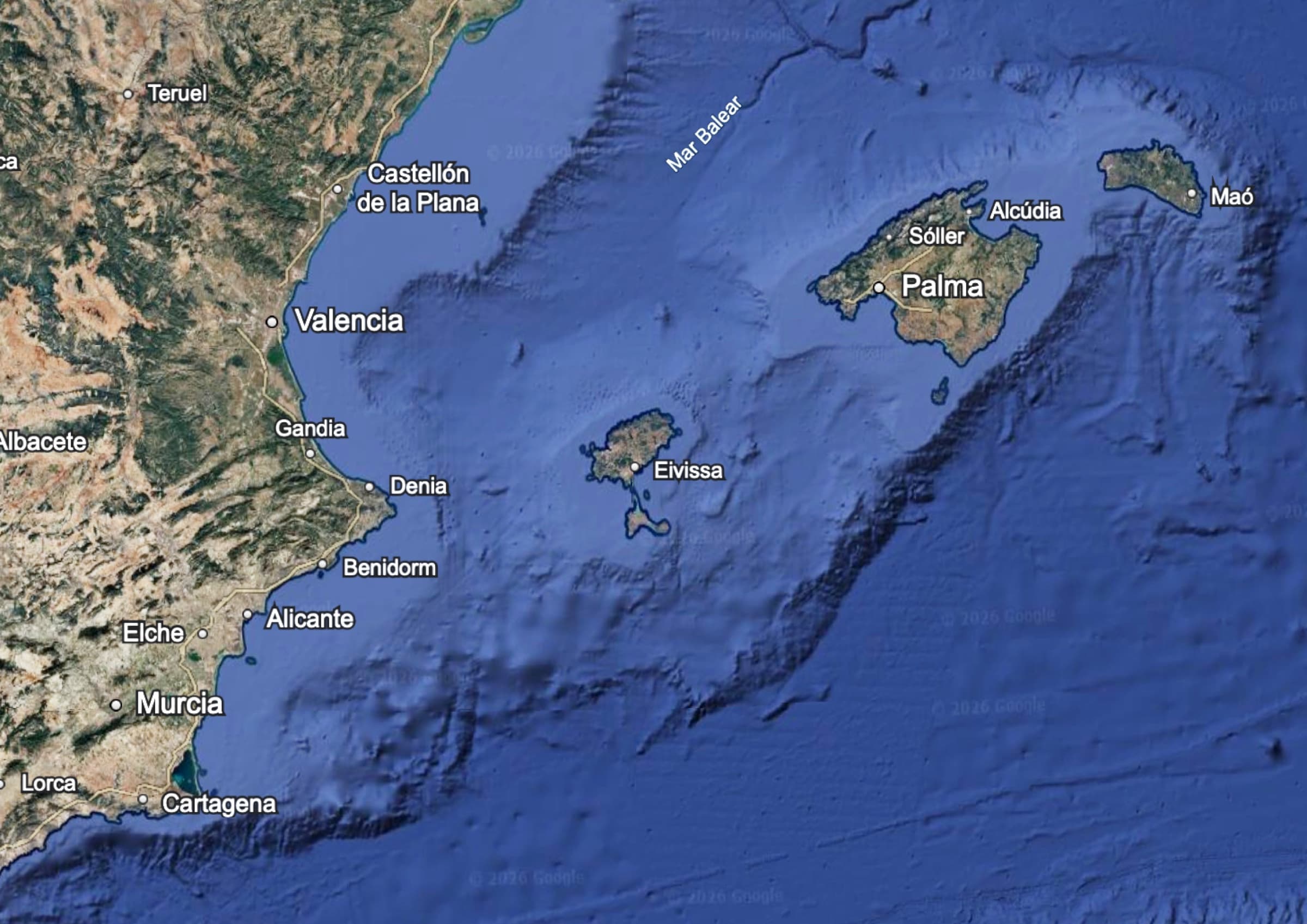 Carte de la Communauté valencienne et des Îles Baléares en Méditerranée occidentale